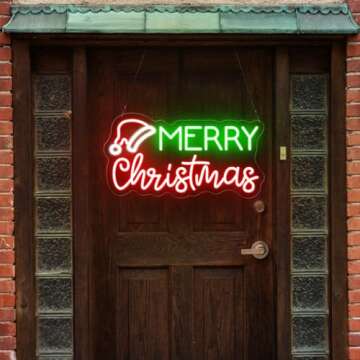 Merry Christmas Neon Light Sign for Wall Decoration, LED Christmas Hat Light up Signs Dimmable, USB Powered for Home Decor, Christmas tree/village, Bar Pub Club Store, Kids Gifts