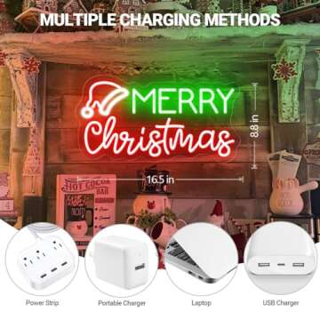 Merry Christmas Neon Light Sign for Wall Decoration, LED Christmas Hat Light up Signs Dimmable, USB Powered for Home Decor, Christmas tree/village, Bar Pub Club Store, Kids Gifts
