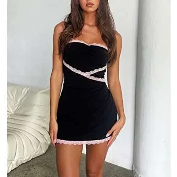 ROAONOCOMO Women Summer Off Shoulder Tube Mini Dress Sexy Bodycon Strapless Short Dress Y2k Backless Party Club Pencil Dress X-Black