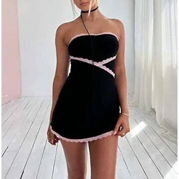 ROAONOCOMO Women Summer Off Shoulder Tube Mini Dress Sexy Bodycon Strapless Short Dress Y2k Backless Party Club Pencil Dress X-Black