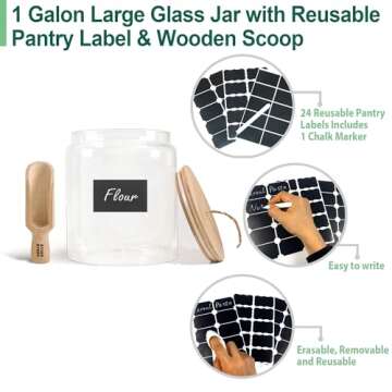 Urban Green Glass Jar with Bamboo Lid, Large Glass Food Storage Jar with Airtight Lid,1 gallon, Larg...