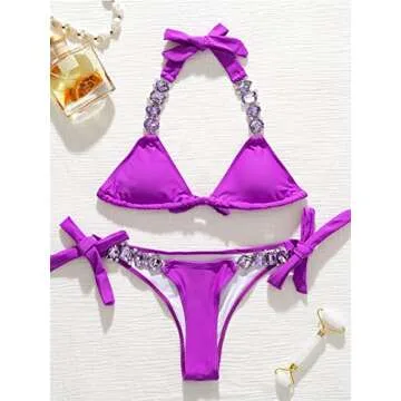 BIKINX Women's Sexy Thong Purple Bikini Crystal Side Bottom Triangle Bikini Halter Swimsuits