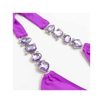 BIKINX Women's Sexy Thong Purple Bikini Crystal Side Bottom Triangle Bikini Halter Swimsuits