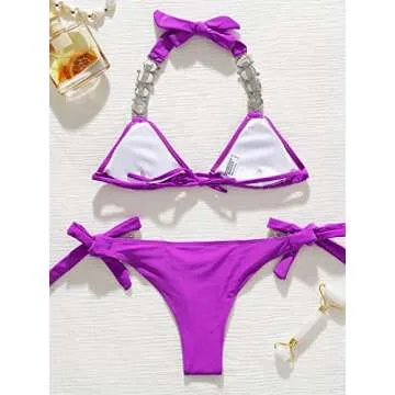 BIKINX Women's Sexy Thong Purple Bikini Crystal Side Bottom Triangle Bikini Halter Swimsuits