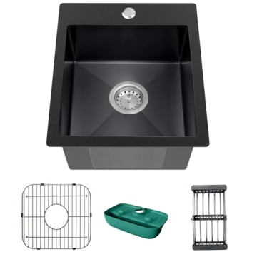 Black Kitchen Sink, Stainless Steel Topmount Bar Sink 15x17x9 Inch Single Bowl Drop In Kitchen Sink ...