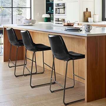 LEMBERI 26 inch Bar Stools Set of 2, Modern Counter Height Bar Stools, Faux Leather Barstool with Back and Metal Leg, Armless Bar Chairs for Kitchen Island (Black, 2pcs 26")