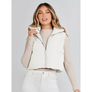 MEROKEETY Women's Crop Puffer Vest Lightweight Stand Collar Sleeveless Zip Up Padded Gilet Coat,White,S