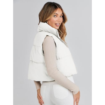 MEROKEETY Women's Crop Puffer Vest Lightweight Stand Collar Sleeveless Zip Up Padded Gilet Coat,White,S