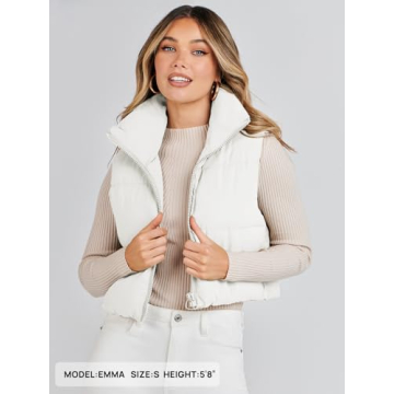 MEROKEETY Women's Crop Puffer Vest Lightweight Stand Collar Sleeveless Zip Up Padded Gilet Coat,White,S