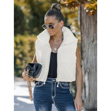 MEROKEETY Women's Crop Puffer Vest Lightweight Stand Collar Sleeveless Zip Up Padded Gilet Coat,White,S