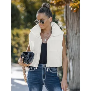 MEROKEETY Women's Crop Puffer Vest Lightweight Stand Collar Sleeveless Zip Up Padded Gilet Coat,White,S