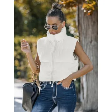 MEROKEETY Women's Crop Puffer Vest Lightweight Stand Collar Sleeveless Zip Up Padded Gilet Coat,White,S