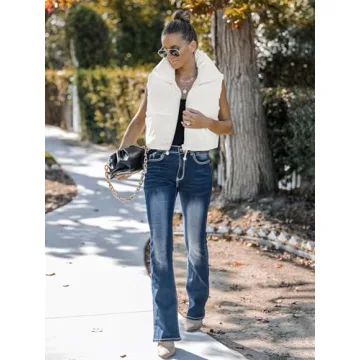 MEROKEETY Women's Crop Puffer Vest Lightweight Stand Collar Sleeveless Zip Up Padded Gilet Coat,White,S