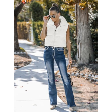 MEROKEETY Women's Crop Puffer Vest Lightweight Stand Collar Sleeveless Zip Up Padded Gilet Coat,White,S