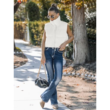 MEROKEETY Women's Crop Puffer Vest Lightweight Stand Collar Sleeveless Zip Up Padded Gilet Coat,White,S