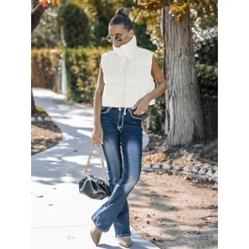 MEROKEETY Women's Crop Puffer Vest Lightweight Stand Collar Sleeveless Zip Up Padded Gilet Coat,White,S