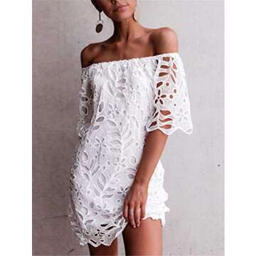 PRETTYGARDEN Women's Summer Off Shoulder Vintage Floral Lace Flare Short Sleeve Loose Elegant Mini Dress (White,X-Large)