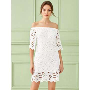 PRETTYGARDEN Women's Summer Off Shoulder Vintage Floral Lace Flare Short Sleeve Loose Elegant Mini Dress (White,X-Large)