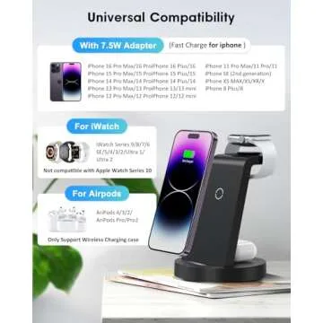 3 in 1 Charging Station for Apple Device, Wireless Charger for iPhone 16 15 14 13 12 11 Pro Max & Apple Watch iwatch- Charging Stand Dock for AirPods