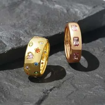 Daffany Moon Star Sun Statement Ring for Women 14K Gold Plated CZ Rings for Women Rings for Women Wife Jewelry Gift | Stackable Ring Band for Women Size 5-9 (Gold Tone, 5)