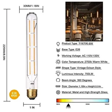 YFXRLIGHT Dimmable T10 LED 8W Warm White Edison Bulb