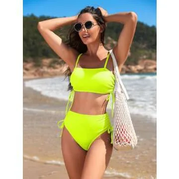 Pink Queen High Waisted Bikini Sets for Women Strapless Top 2 Piece Bathing Suit Ruched Tie Beach Swimsuits Green S