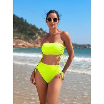 Pink Queen High Waisted Bikini Sets for Women Strapless Top 2 Piece Bathing Suit Ruched Tie Beach Swimsuits Green S