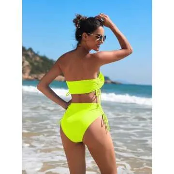 Pink Queen High Waisted Bikini Sets for Women Strapless Top 2 Piece Bathing Suit Ruched Tie Beach Swimsuits Green S