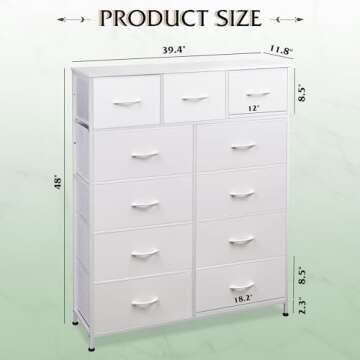 WLIVE Tall Dresser for Bedroom, Fabric Dresser Storage Tower, Dresser & Chest of Drawers Organizer Unit with 11 Drawers, Storage Cabinet, Hallway, Closets, Steel Frame, Wood Top