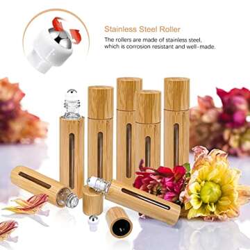 MYKASEN 12Pcs 10ml Roller Bottles Balls for Essential Oils, Roll on Bottles with Bamboo Shell Clear Glass Inner, Portable Refillable Perfume Sample Bottle with Stainless Steel Ball