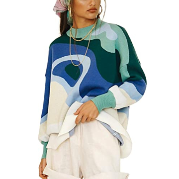 MISSACTIVER Women Casual Knitted Mock Neck Sweater Print Colorblock Long Sleeve Loose Fit Pullover K...