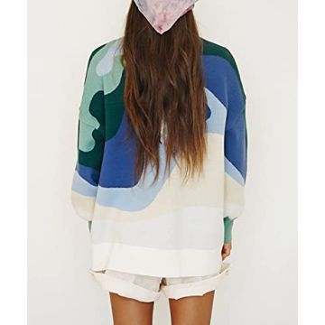 MISSACTIVER Women Casual Knitted Mock Neck Sweater Print Colorblock Long Sleeve Loose Fit Pullover Knitwear (Small, Blue)