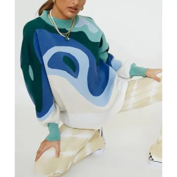 MISSACTIVER Women Casual Knitted Mock Neck Sweater Print Colorblock Long Sleeve Loose Fit Pullover Knitwear (Small, Blue)