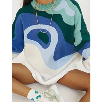 MISSACTIVER Women Casual Knitted Mock Neck Sweater Print Colorblock Long Sleeve Loose Fit Pullover Knitwear (Small, Blue)