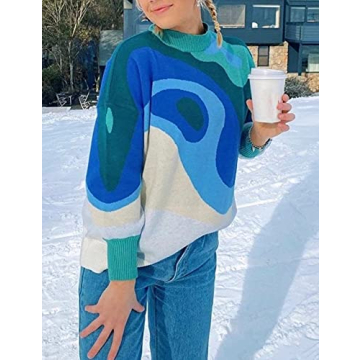 MISSACTIVER Women Casual Knitted Mock Neck Sweater Print Colorblock Long Sleeve Loose Fit Pullover Knitwear (Small, Blue)