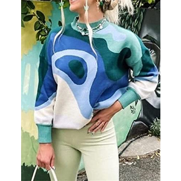 MISSACTIVER Women Casual Knitted Mock Neck Sweater Print Colorblock Long Sleeve Loose Fit Pullover Knitwear (Small, Blue)