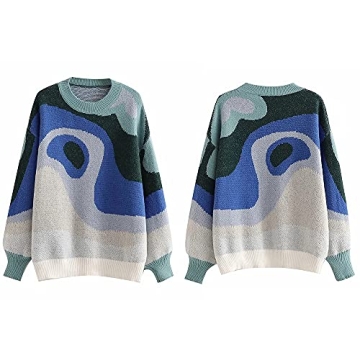 MISSACTIVER Women Casual Knitted Mock Neck Sweater Print Colorblock Long Sleeve Loose Fit Pullover Knitwear (Small, Blue)