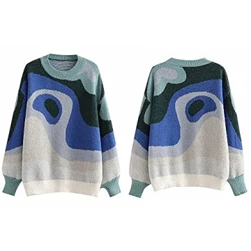 MISSACTIVER Women Casual Knitted Mock Neck Sweater Print Colorblock Long Sleeve Loose Fit Pullover Knitwear (Small, Blue)