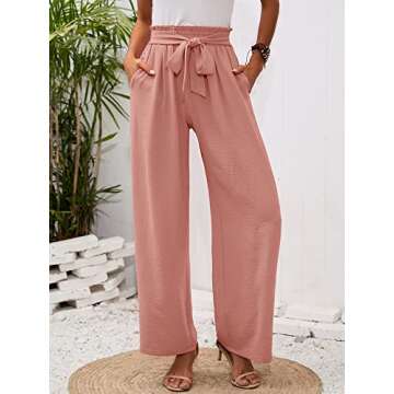 Heymoments Women's Wide Leg Lounge Pants with Pockets Pink XX-Large Lightweight High Waisted Adjustable Tie Knot Loose Comfy Casual Trousers