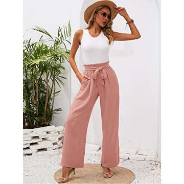 Heymoments Women's Wide Leg Lounge Pants with Pockets Pink XX-Large Lightweight High Waisted Adjustable Tie Knot Loose Comfy Casual Trousers