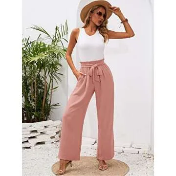 Heymoments Women's Wide Leg Lounge Pants with Pockets Pink XX-Large Lightweight High Waisted Adjustable Tie Knot Loose Comfy Casual Trousers