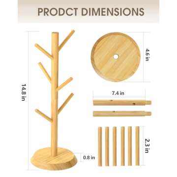 MaxGear Coffee Mug Holder, Bamboo Mug Rack, Cup Holder for Countertop, Wooden Cup Stand, Kitchen Organizer Coffee Tree with 6 Hooks