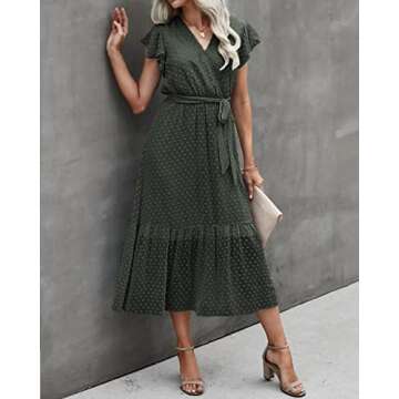 BTFBM Women Summer Bohemian Floral Casual Wrap V Neck Ruffle Cap Sleeveless Belt A-Line Pleated Hem Swing Midi Sun Dress (Swiss Dot Army Green, Medium)