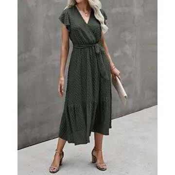 BTFBM Women Summer Bohemian Floral Casual Wrap V Neck Ruffle Cap Sleeveless Belt A-Line Pleated Hem Swing Midi Sun Dress (Swiss Dot Army Green, Medium)