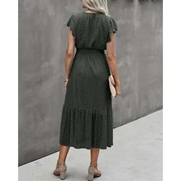 BTFBM Women Summer Bohemian Floral Casual Wrap V Neck Ruffle Cap Sleeveless Belt A-Line Pleated Hem Swing Midi Sun Dress (Swiss Dot Army Green, Medium)