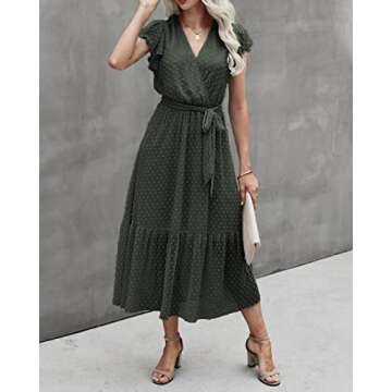 BTFBM Women Summer Bohemian Floral Casual Wrap V Neck Ruffle Cap Sleeveless Belt A-Line Pleated Hem Swing Midi Sun Dress (Swiss Dot Army Green, Medium)