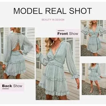 Dokotoo Womens Casual Ladies Summer Sexy V Neckline Long Sleeve Leopard Print Mini Dress Boho Fashion Skater A Line Ruffle Hem Pleated Dresses Green Small