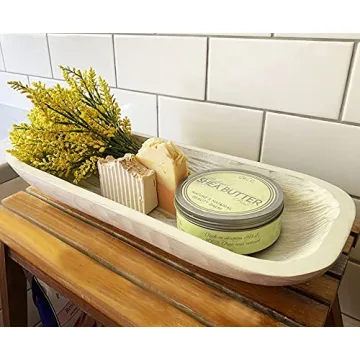 PRODUCT80 Large White Dough Bowl, 17" Hand-carved Mango Wood Ship Bowls, Rustic, Decorative, Farmhouse Decor, Big Dining Table Center Piece