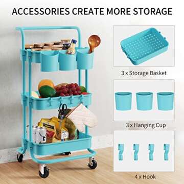 ALVOROG 3-Tier Rolling Utility Cart Movable Storage Organizer Shelves with Wheels and Hanging Cups M...