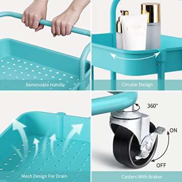 ALVOROG 3-Tier Rolling Utility Cart Movable Storage Organizer Shelves with Wheels and Hanging Cups Multifunctional Service Cart for Kitchen, Office, Coffee Bar (Blue)